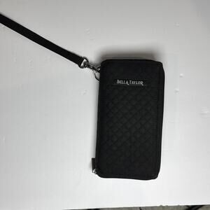 Bella Taylor Quilted Wristlet Wallet Black Beige Pattern. Phone Holder